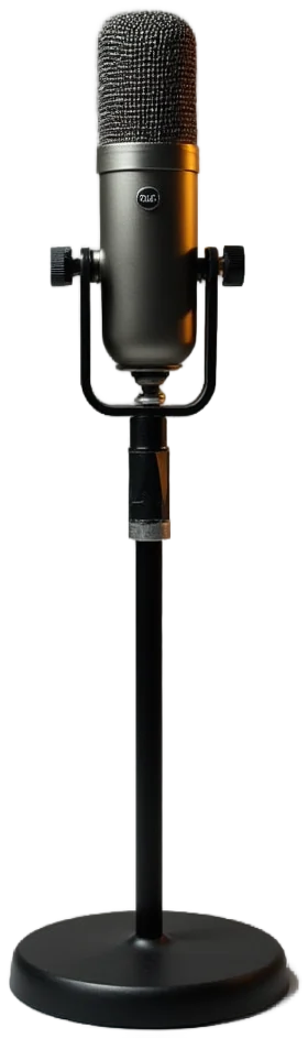 A studio condenser microphone on a stand, lit warm from the left